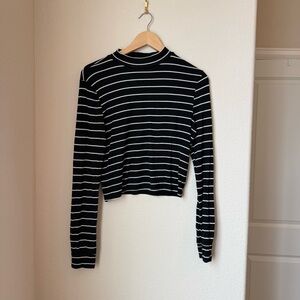 SWS Essentials Black & White Striped Ribbed Mock Neck Crop Top Size L